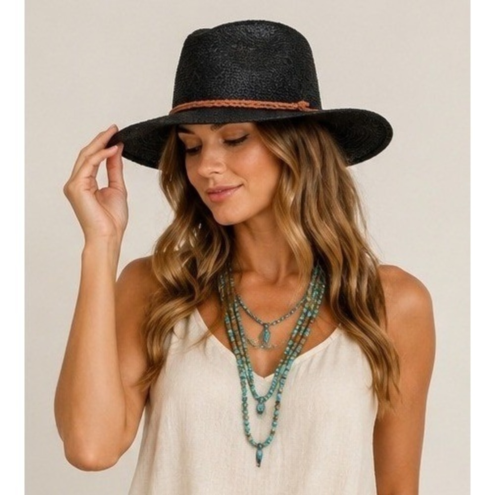 Tahari Boho Straw Cowboy Hat Women OS Black Lightweight Braided Band Festival